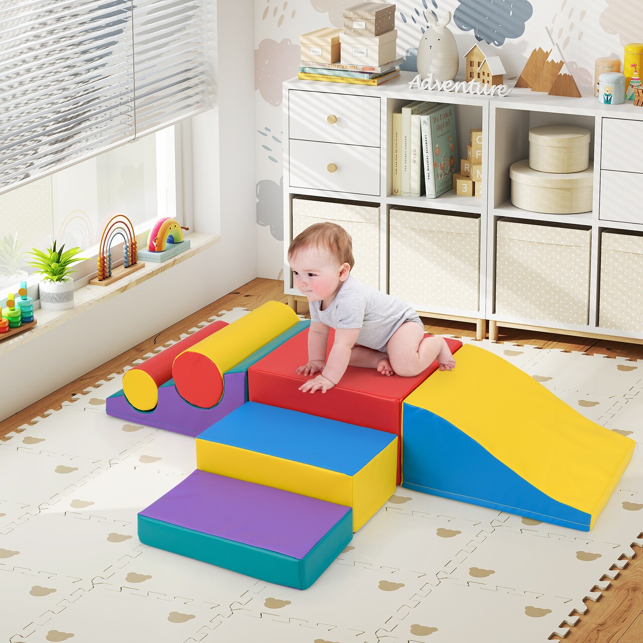 7-Piece Kids Foam Climbing Blocks Set with Colorful Soft Play Shapes for Motor Skill Growth